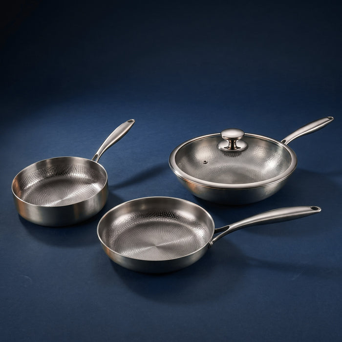 Handgehamerde titanium roerbakset met 1 deksel (8, 8 & 10 inch)