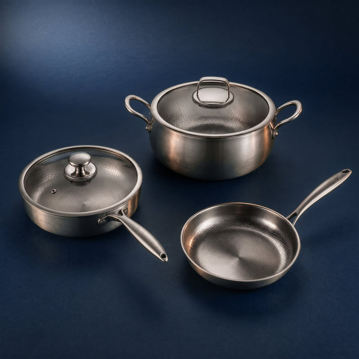 Handgehamerde titanium premium kookset met 2 deksels (8, 9 & 10 inch)