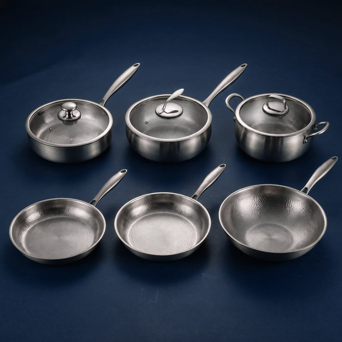 Handgehamerde titanium complete keukenset met 3 deksels (10, 11 & 12 inch)