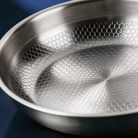 Close-up van het honingraatpatroon op de bodem van de titanium koekenpan