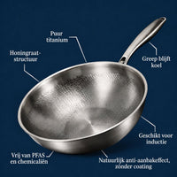 Titanium wok met kenmerken: puur titanium, honingraatstructuur, natuurlijk anti-aanbakeffect, zónder coating