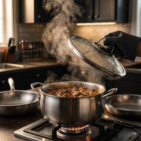 Hand met ovenhandschoen tilt de dampende glazen deksel van een titanium kookpan met stoofpot op een gasfornuis