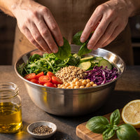 Handen leggen spinazie op een salade met tomaat, kikkererwten, quinoa en rodekool in een roestvrijstalen mengkom