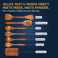 Overzicht van de 7-delige houten keukengereiset met namen van elk onderdeel