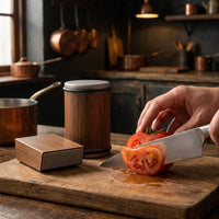 Hand snijdt een tomaat met een koksmes naast de slijphoekgeleiderset op een houten snijplank