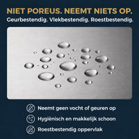 RVS snijplank met waterdruppels: niet poreus, neemt niets op, hygiënisch en makkelijk schoon