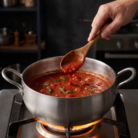 Hand schept tomatensaus met basilicum op met een houten lepel uit de diepe titanium kookpan op een gasfornuis