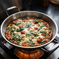 Frittata met spinazie, tomaat en feta in de titanium pan met twee handgrepen op een gasfornuis